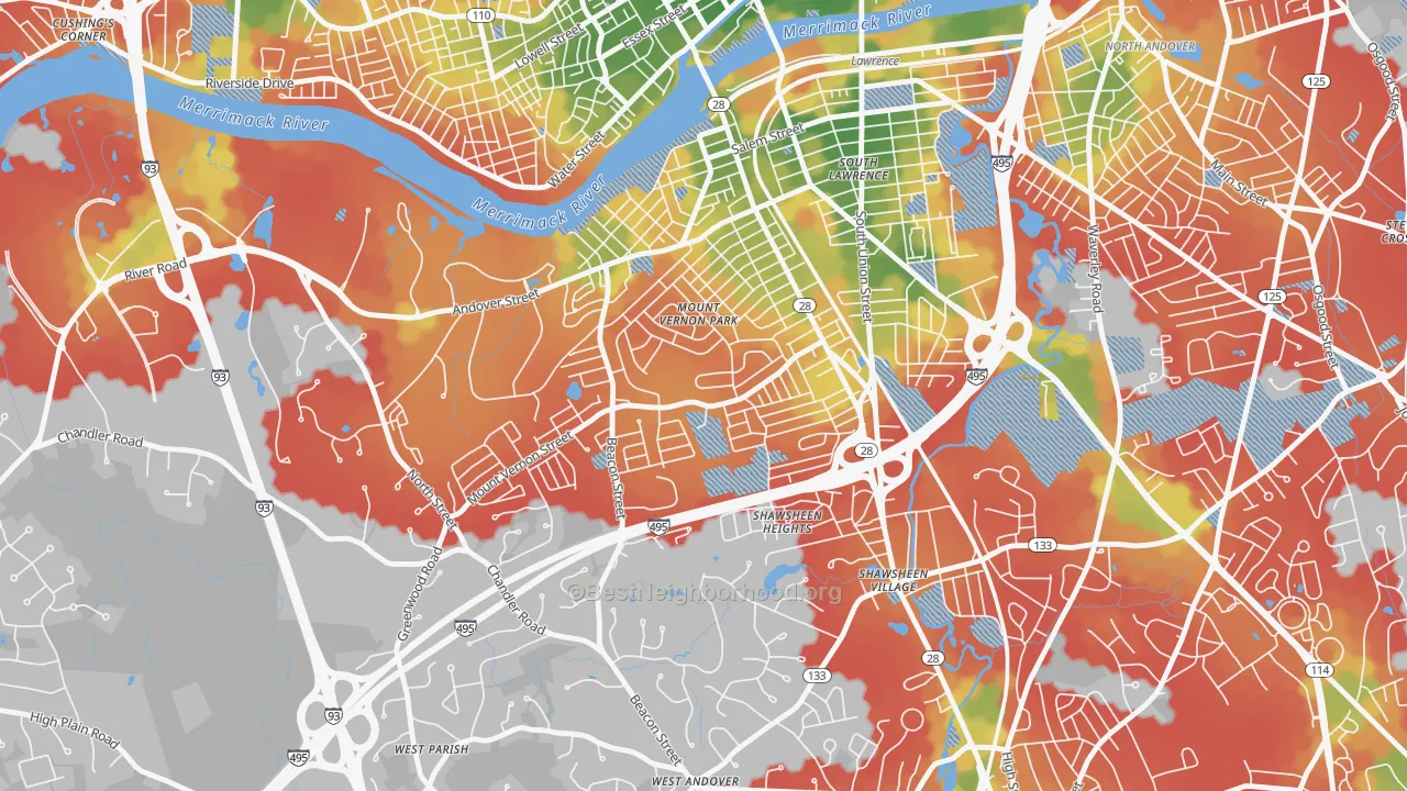 Walk Grade map of Mt Vernon Park, Lawrence, MA, walkable areas in green and car-dependent areas in red