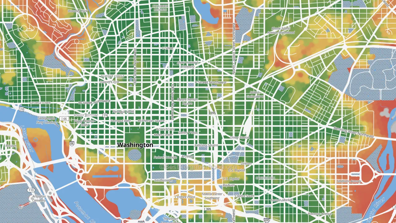 Walk Grade map of Mt Vernon Square, Washington, DC, walkable areas in green and car-dependent areas in red