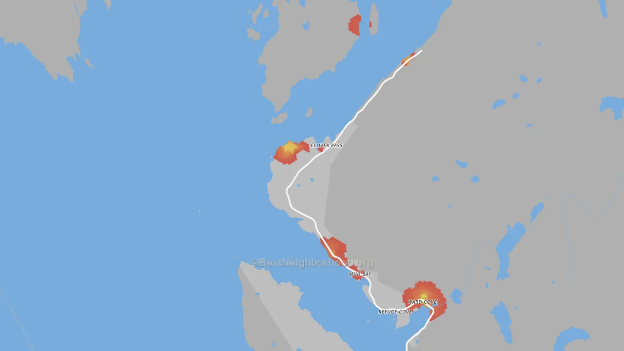 Walk Grade map of Mud Bay, AK, walkable areas in green and car-dependent areas in red