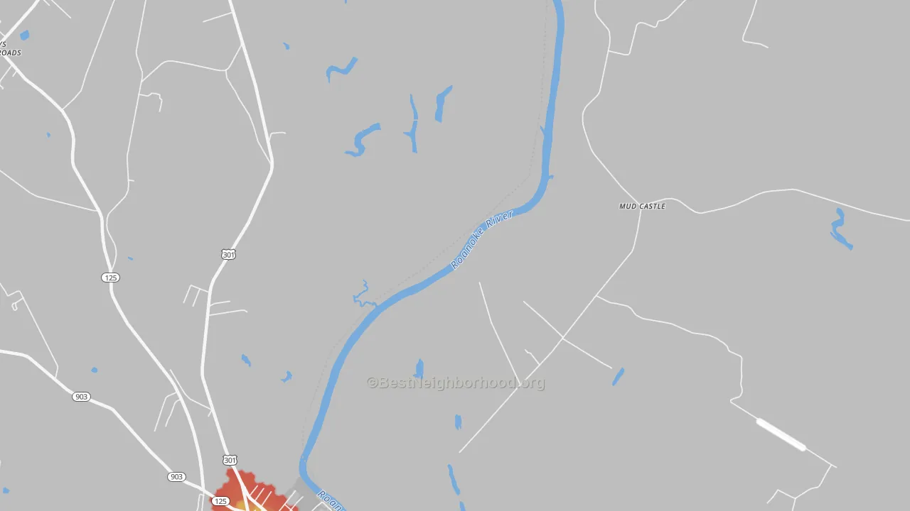 Walk Grade map of Mud Castle, NC, walkable areas in green and car-dependent areas in red