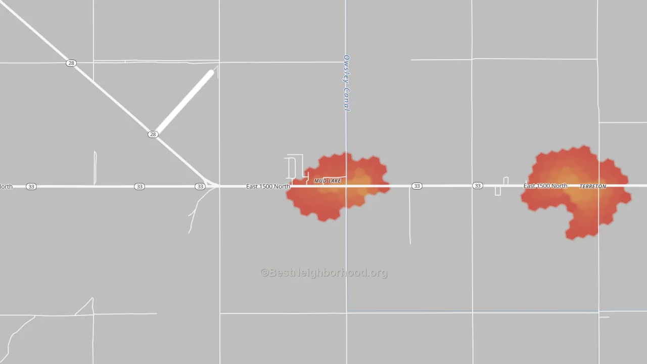 Walk Grade map of Mud Lake, ID, walkable areas in green and car-dependent areas in red