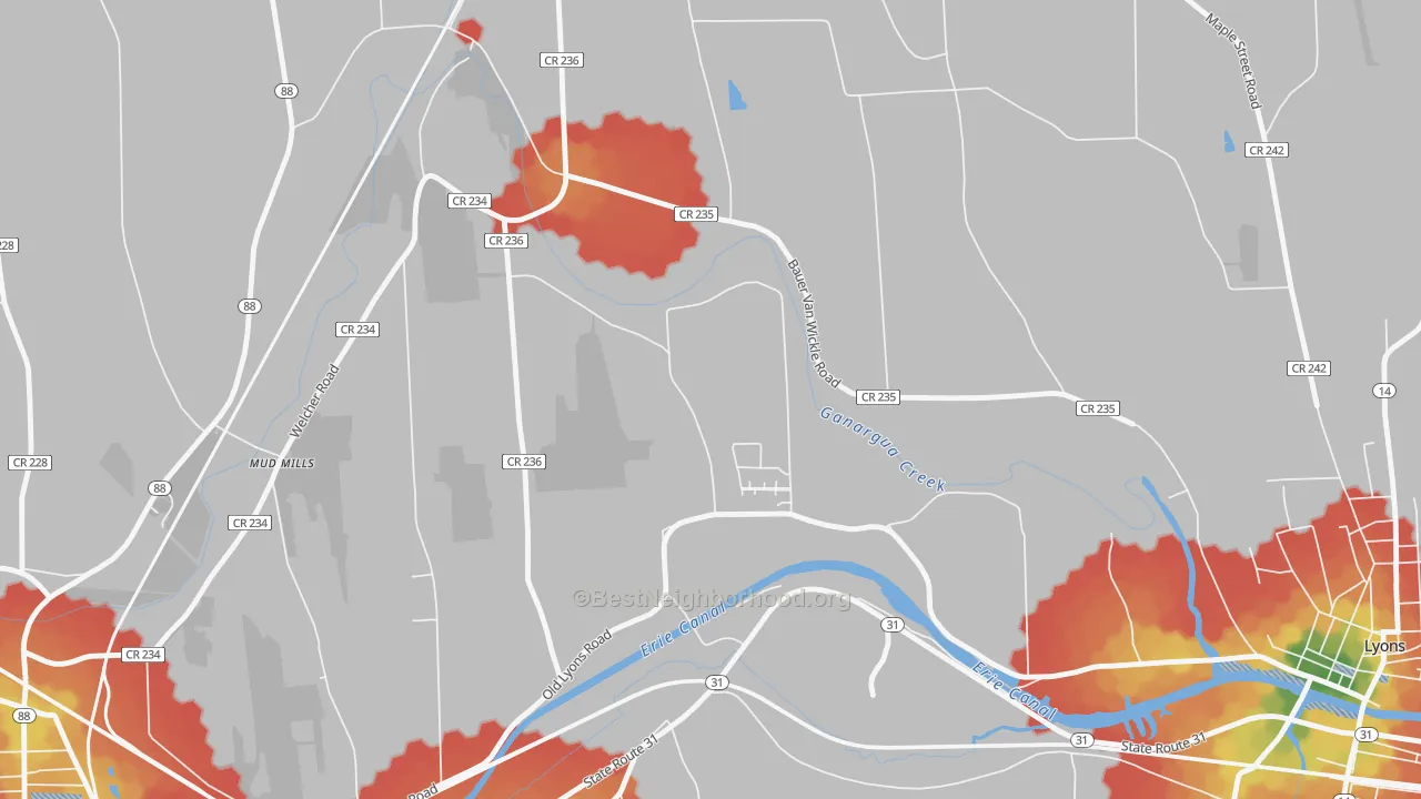Walk Grade map of Mud Mills, NY, walkable areas in green and car-dependent areas in red
