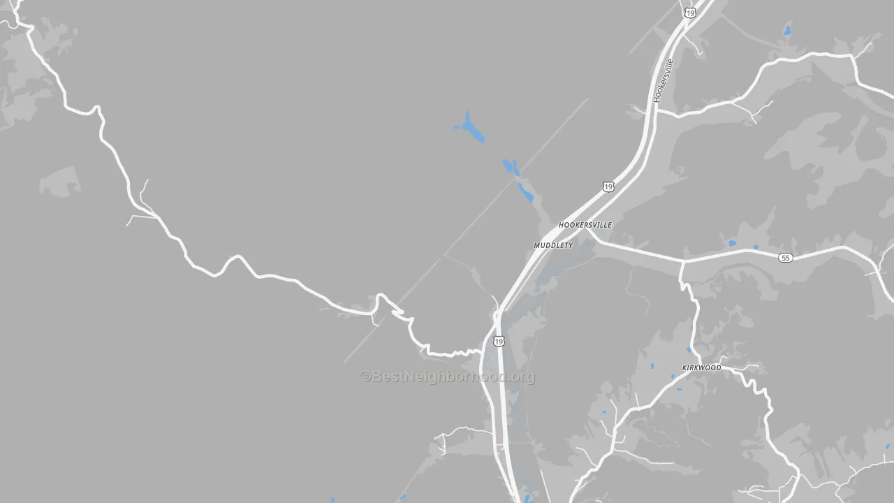 Walk Grade map of Muddlety, WV, walkable areas in green and car-dependent areas in red