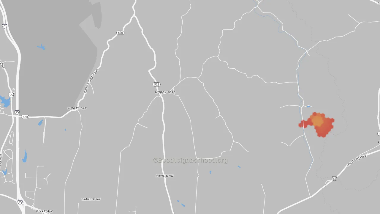 Walk Grade map of Muddy Ford, KY, walkable areas in green and car-dependent areas in red