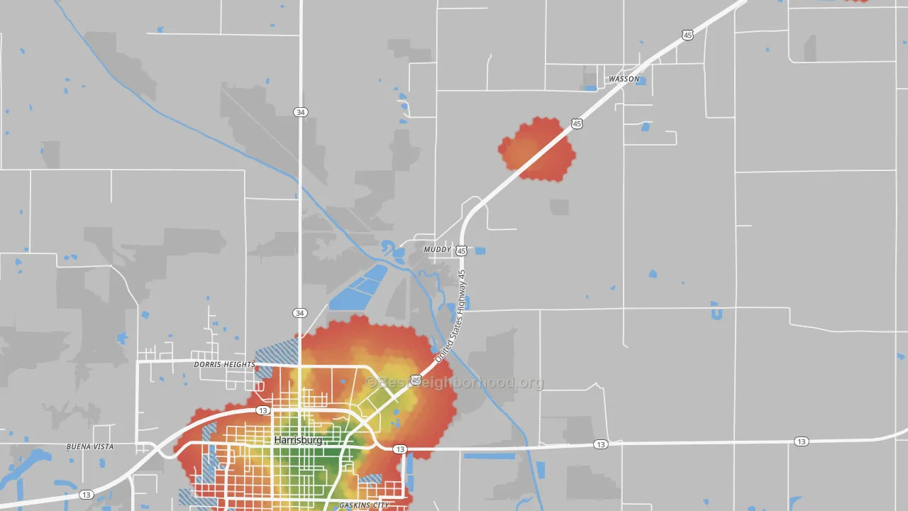Walk Grade map of Muddy, IL, walkable areas in green and car-dependent areas in red