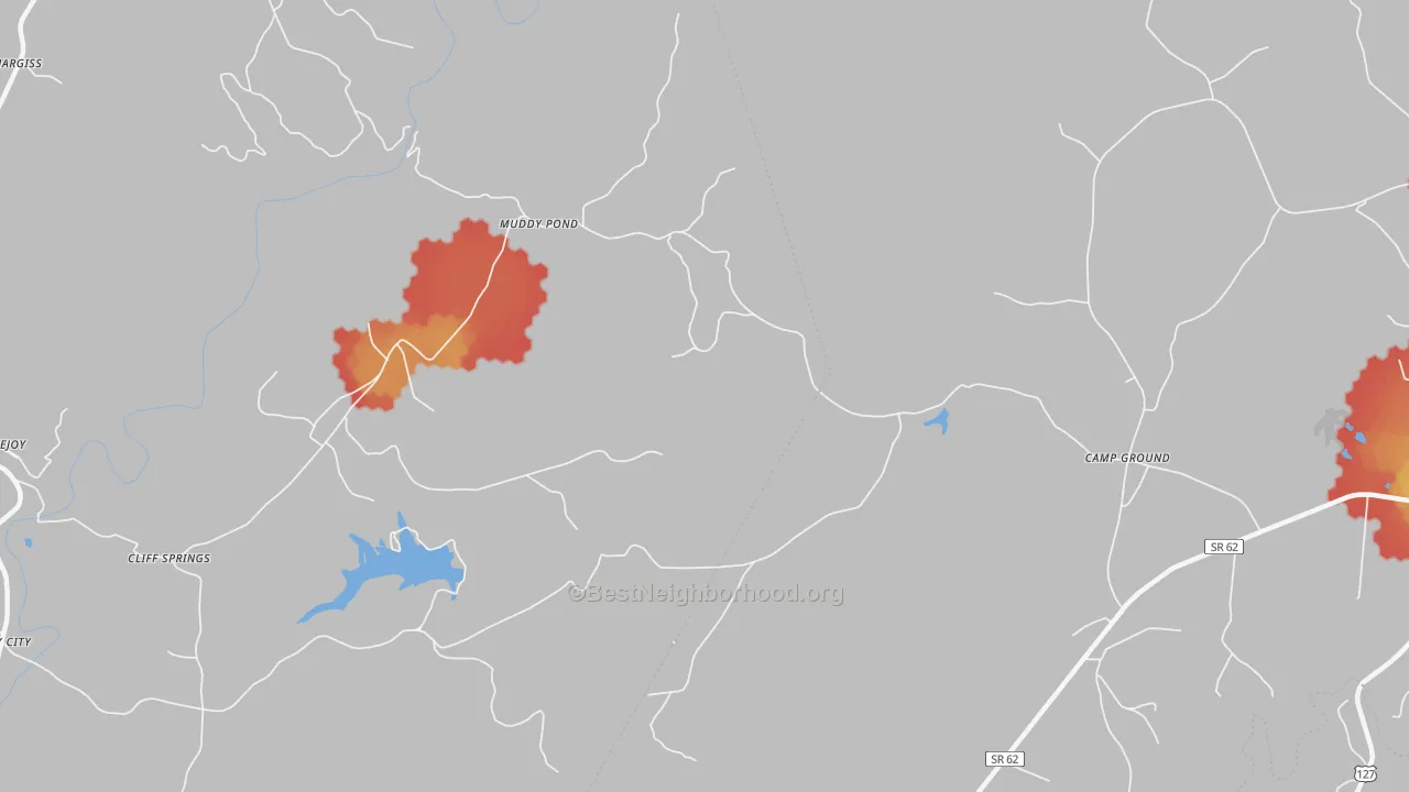 Walk Grade map of Muddy Pond, TN, walkable areas in green and car-dependent areas in red