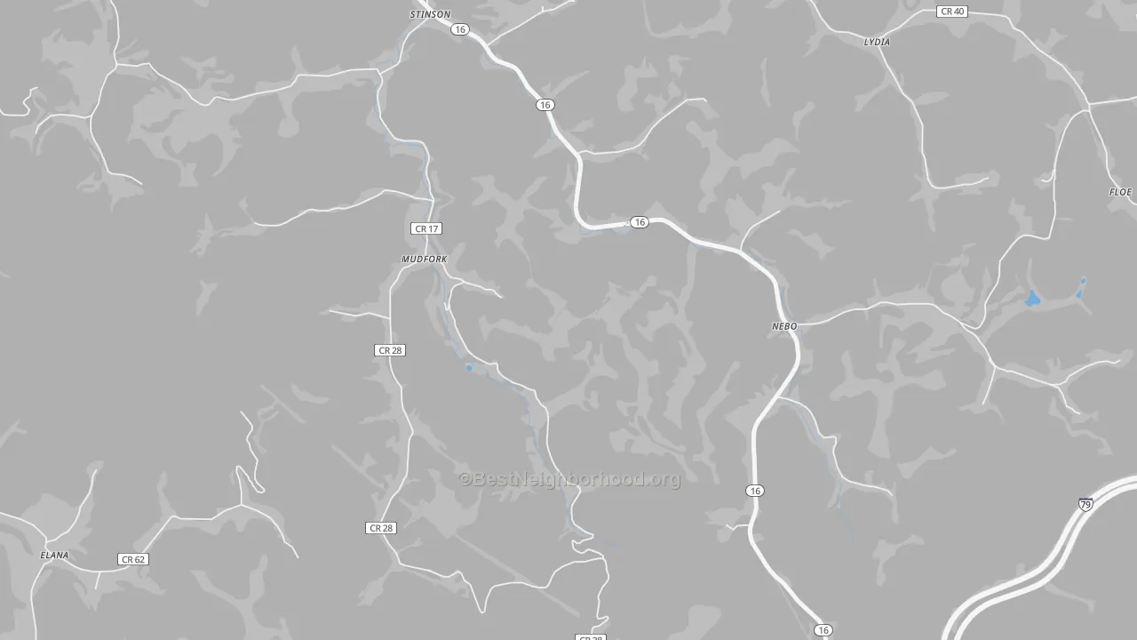 Walk Grade map of Mudfork, WV, walkable areas in green and car-dependent areas in red