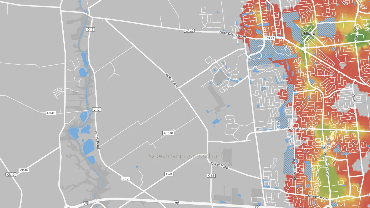 Walk Grade map of Mudsock, OH, walkable areas in green and car-dependent areas in red