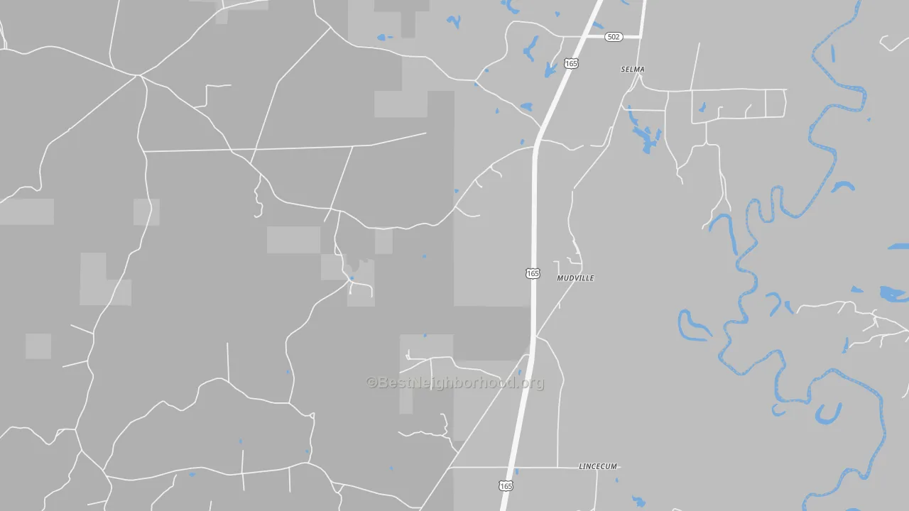 Walk Grade map of Mudville, LA, walkable areas in green and car-dependent areas in red