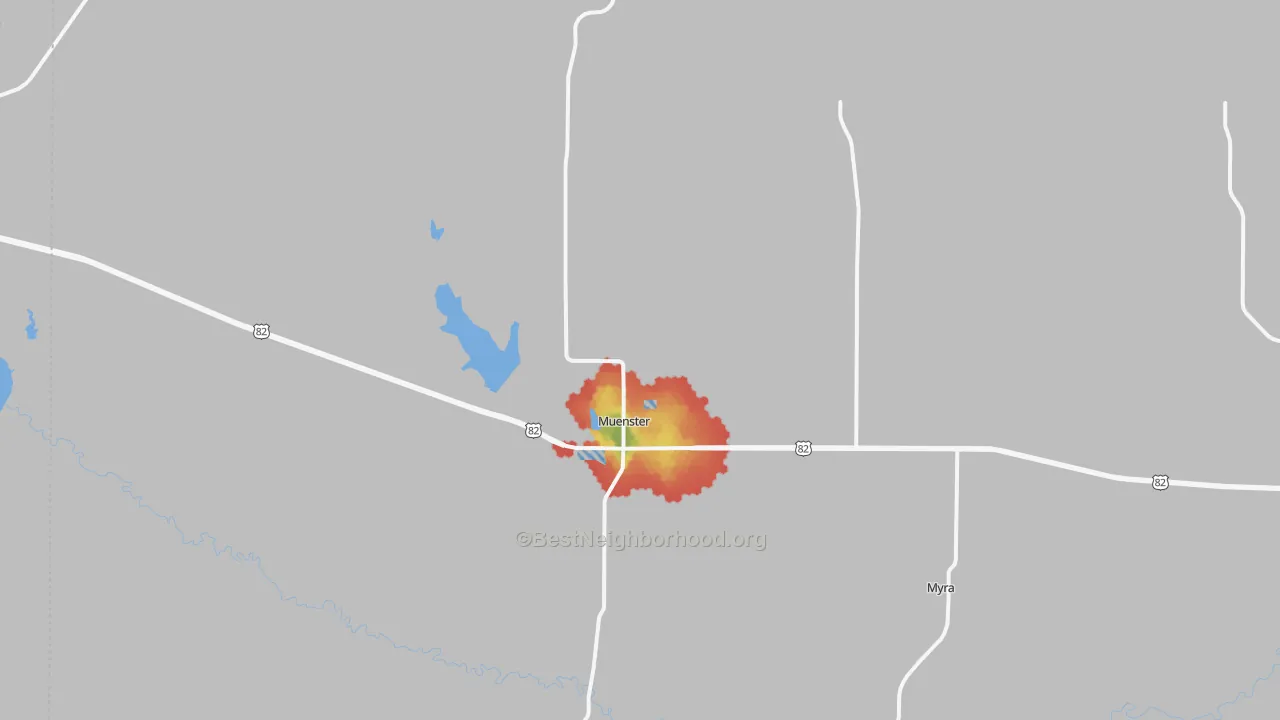 Walk Grade map of Muenster, TX, walkable areas in green and car-dependent areas in red