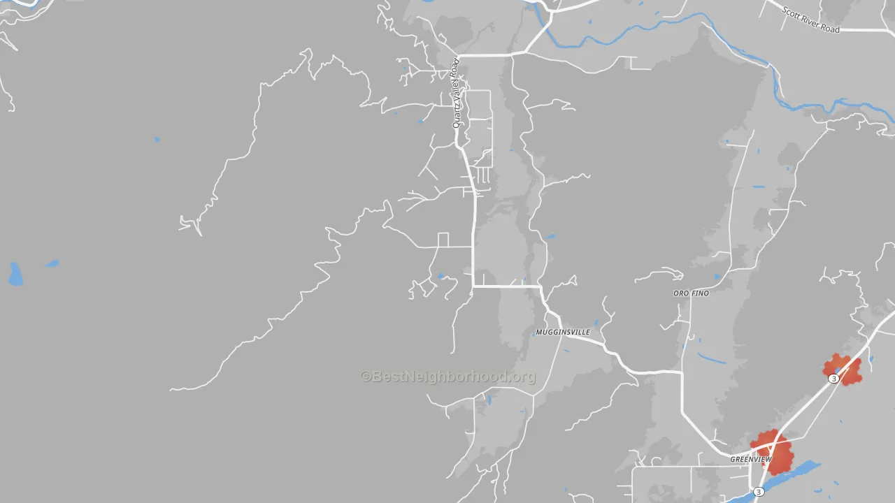 Walk Grade map of Mugginsville, CA, walkable areas in green and car-dependent areas in red