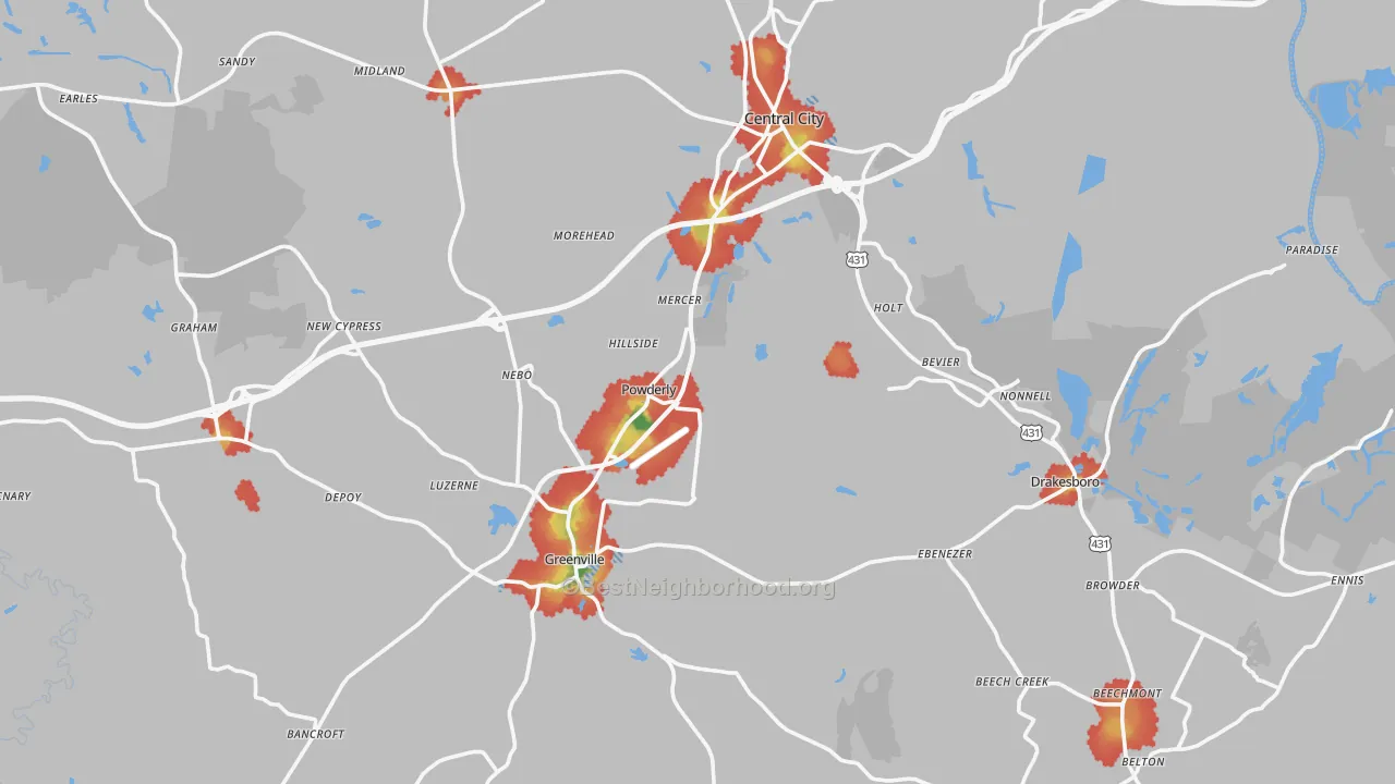 Walk Grade map of Muhlenberg County, KY, walkable areas in green and car-dependent areas in red
