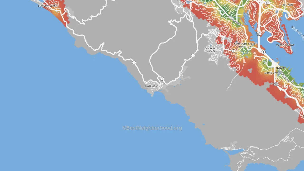 Walk Grade map of Muir Beach, CA, walkable areas in green and car-dependent areas in red