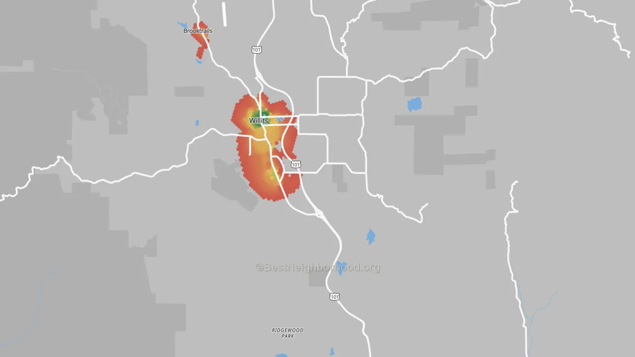 Walk Grade map of Muir, CA, walkable areas in green and car-dependent areas in red