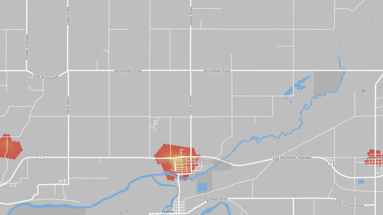 Walk Grade map of Muir, MI, walkable areas in green and car-dependent areas in red