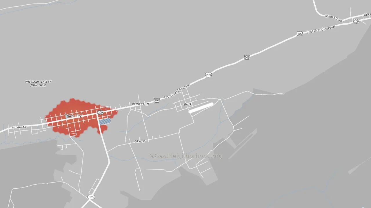 Walk Grade map of Muir, PA, walkable areas in green and car-dependent areas in red