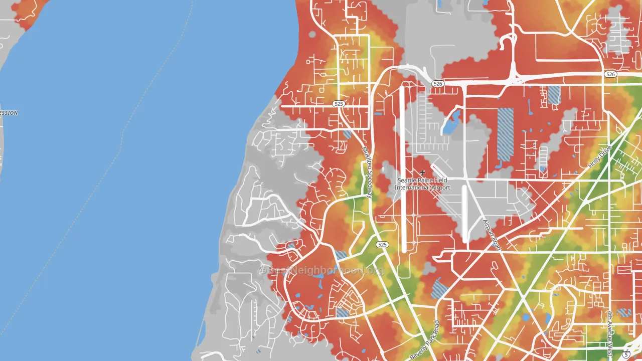 Walk Grade map of Mukilteo, WA, walkable areas in green and car-dependent areas in red