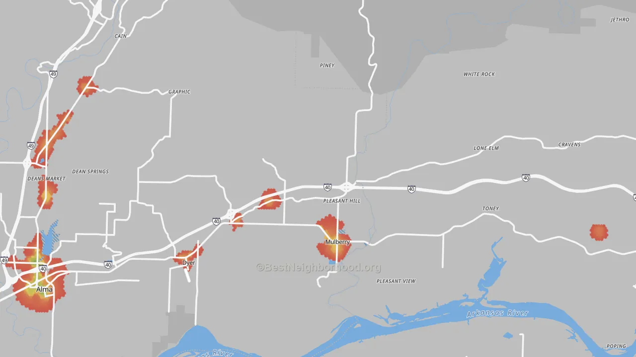 Walk Grade map of Mulberry, AR, walkable areas in green and car-dependent areas in red