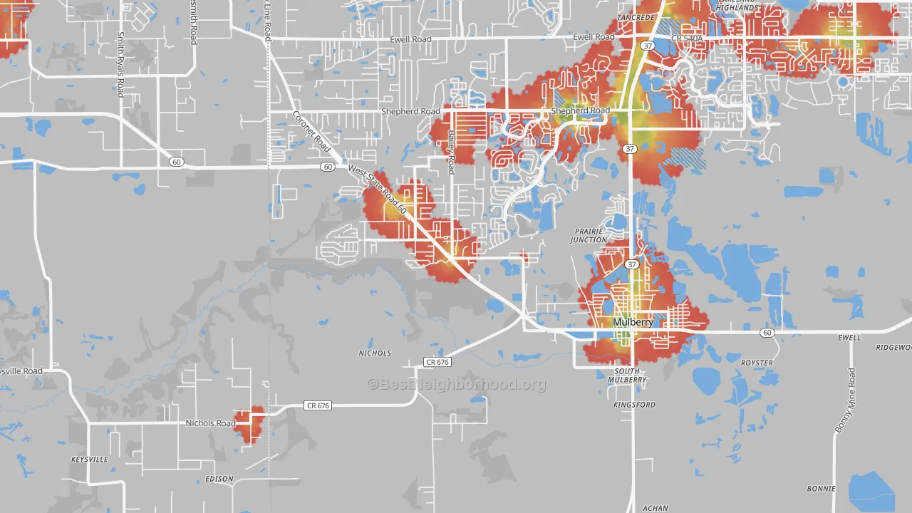 Walk Grade map of Mulberry, FL, walkable areas in green and car-dependent areas in red