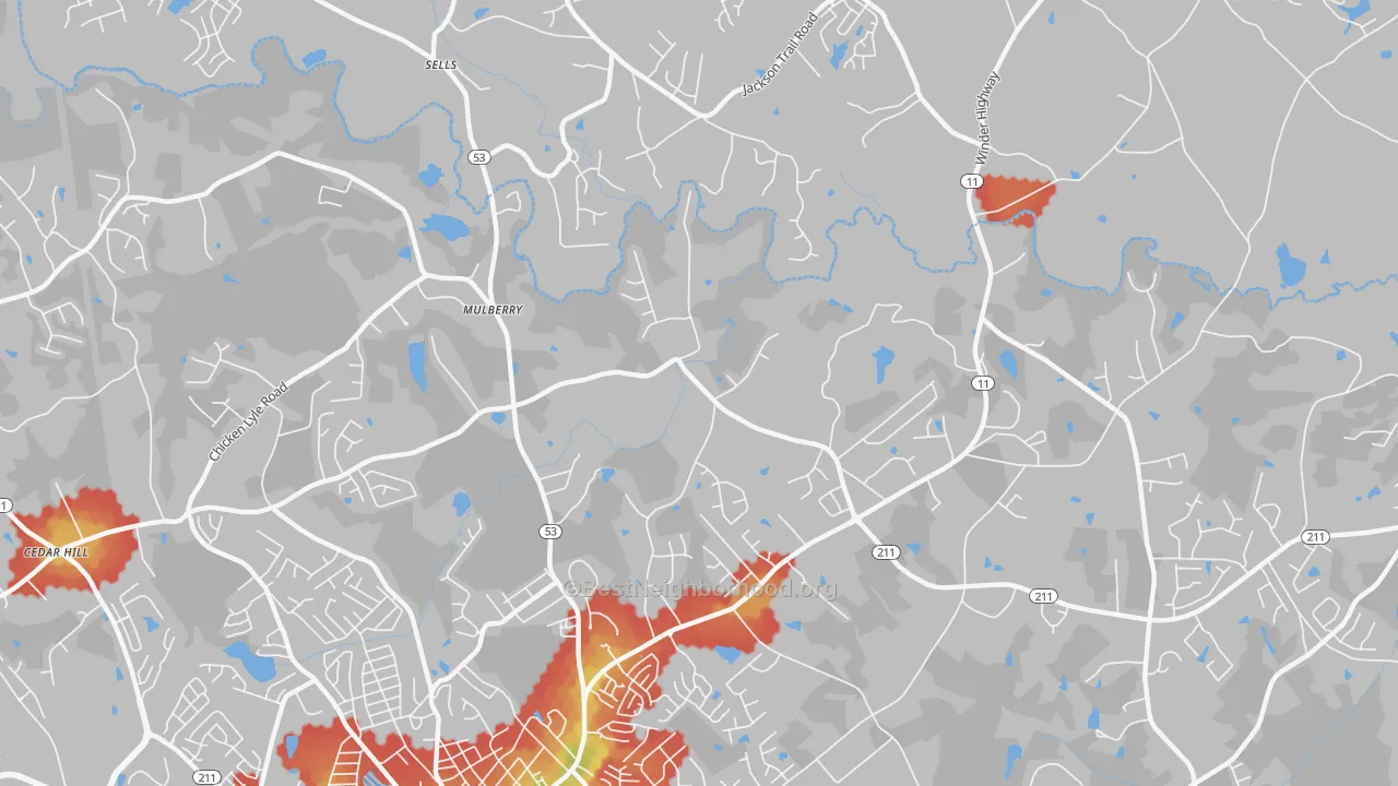 Walk Grade map of Mulberry, GA, walkable areas in green and car-dependent areas in red