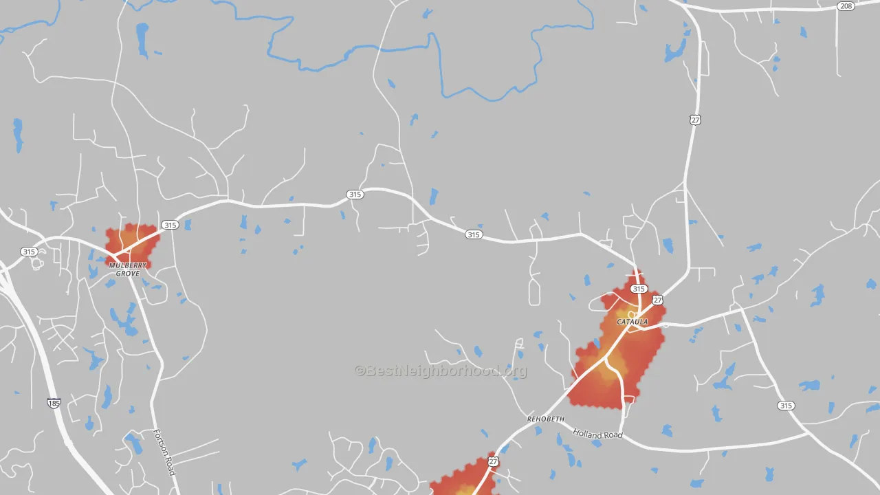 Walk Grade map of Mulberry Grove, GA, walkable areas in green and car-dependent areas in red