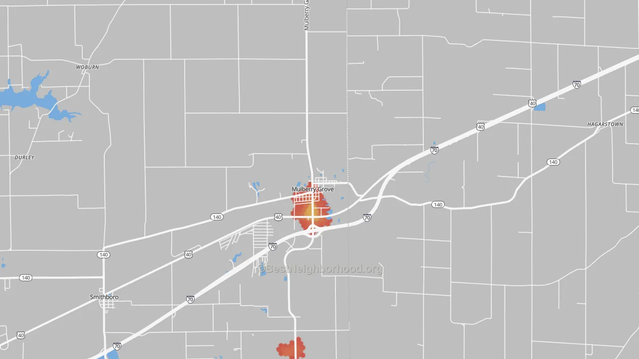 Walk Grade map of Mulberry Grove, IL, walkable areas in green and car-dependent areas in red
