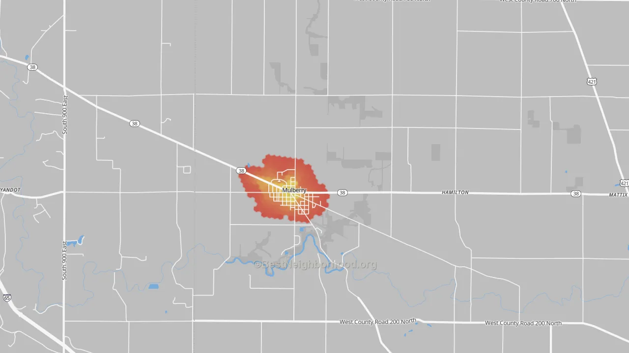 Walk Grade map of Mulberry, IN, walkable areas in green and car-dependent areas in red