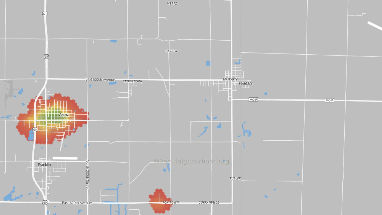Walk Grade map of Mulberry, KS, walkable areas in green and car-dependent areas in red
