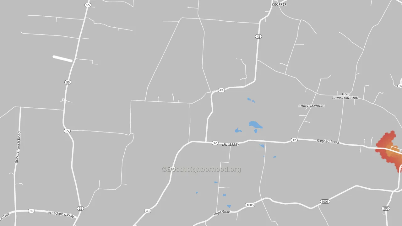 Walk Grade map of Mulberry, KY, walkable areas in green and car-dependent areas in red