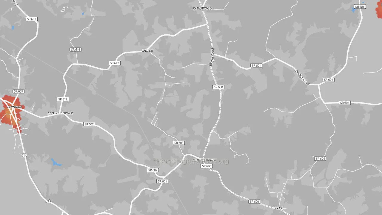 Walk Grade map of Mulch, VA, walkable areas in green and car-dependent areas in red