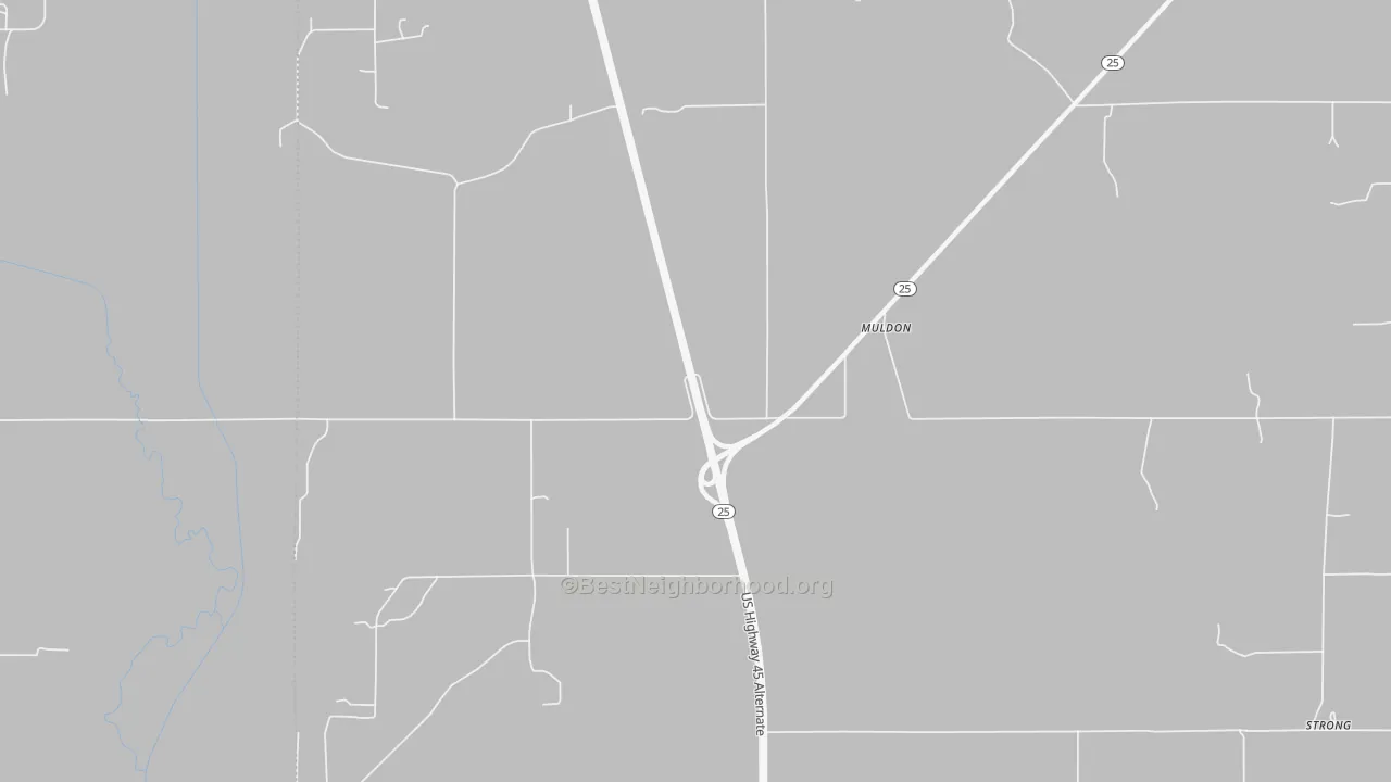 Walk Grade map of Muldon, MS, walkable areas in green and car-dependent areas in red
