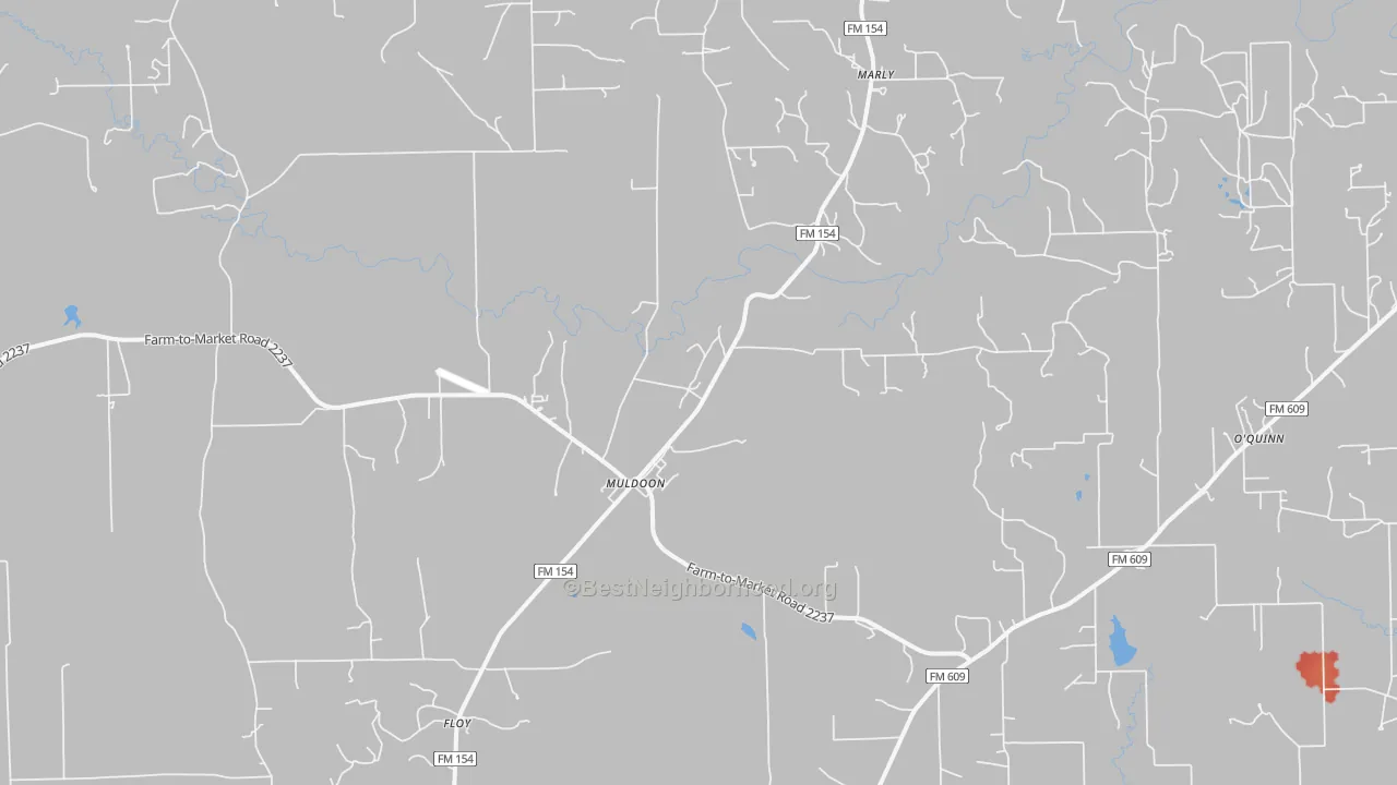 Walk Grade map of Muldoon, TX, walkable areas in green and car-dependent areas in red