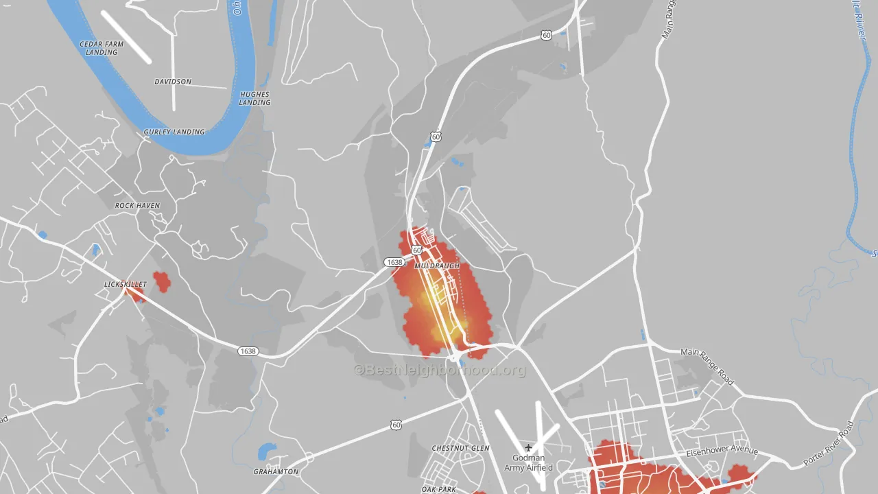 Walk Grade map of Muldraugh, KY, walkable areas in green and car-dependent areas in red