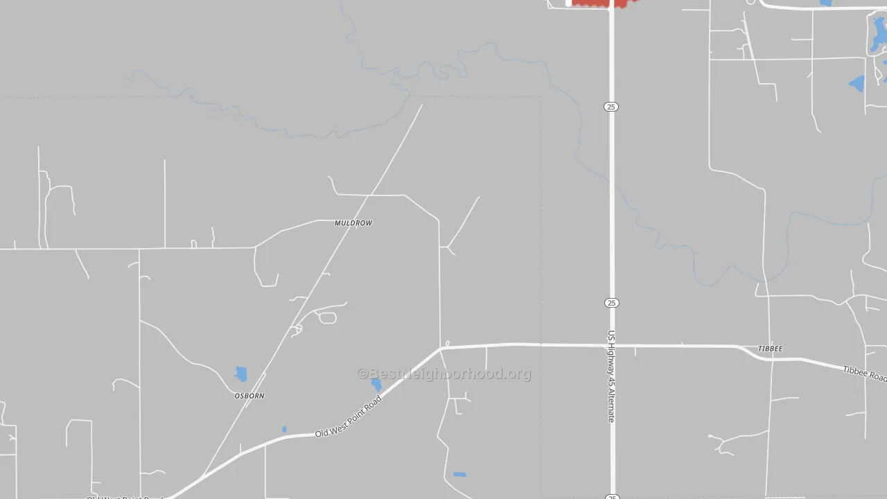Walk Grade map of Muldrow, MS, walkable areas in green and car-dependent areas in red