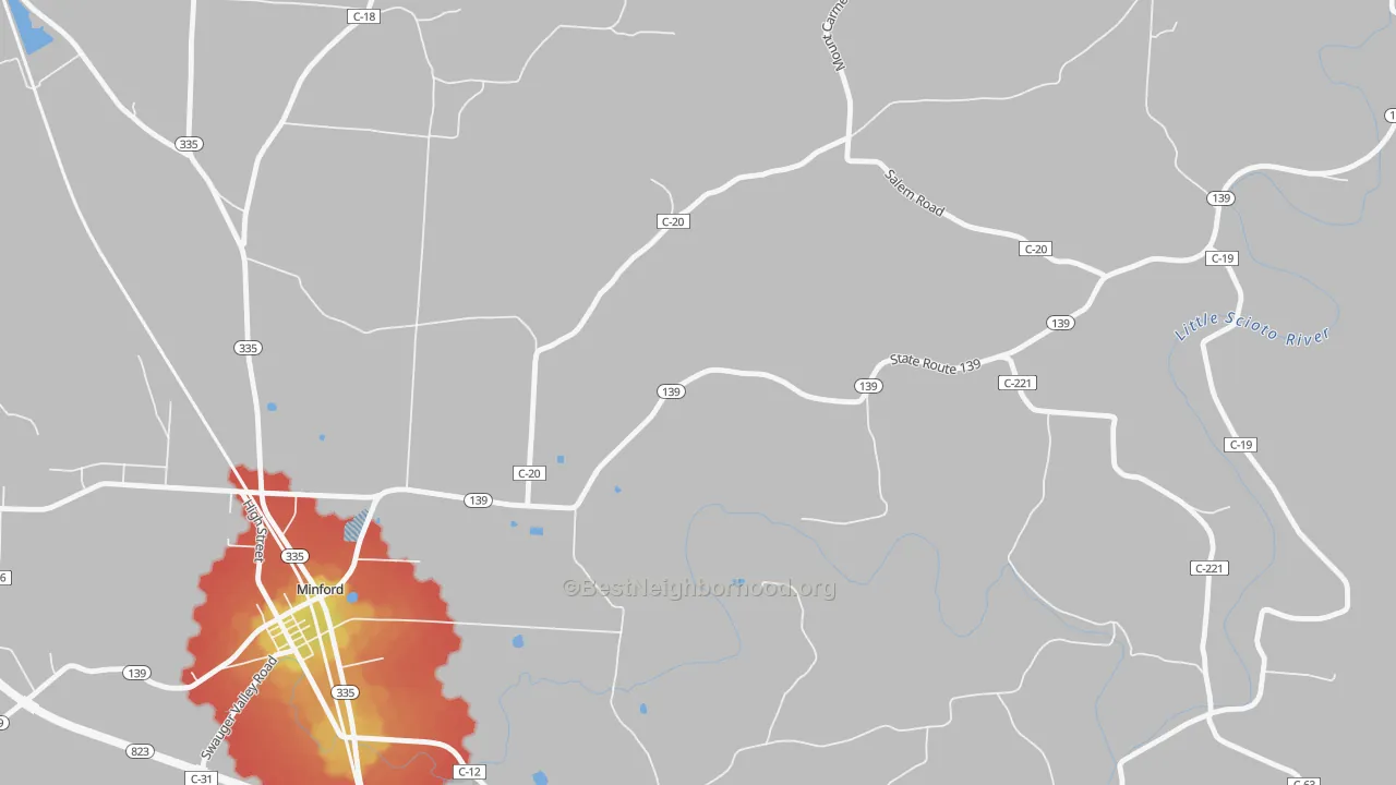 Walk Grade map of Mule Town, OH, walkable areas in green and car-dependent areas in red