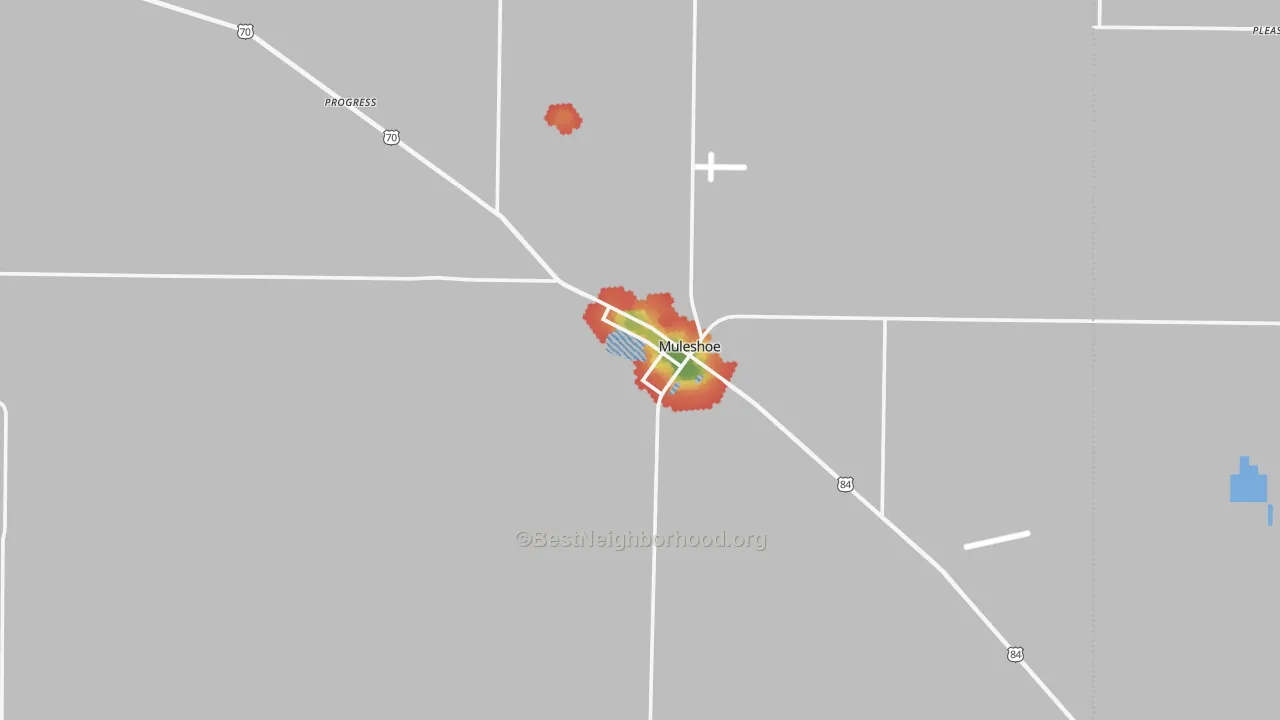 Walk Grade map of Muleshoe, TX, walkable areas in green and car-dependent areas in red