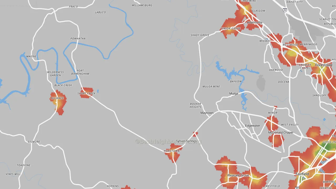 Walk Grade map of Mulga, AL, walkable areas in green and car-dependent areas in red