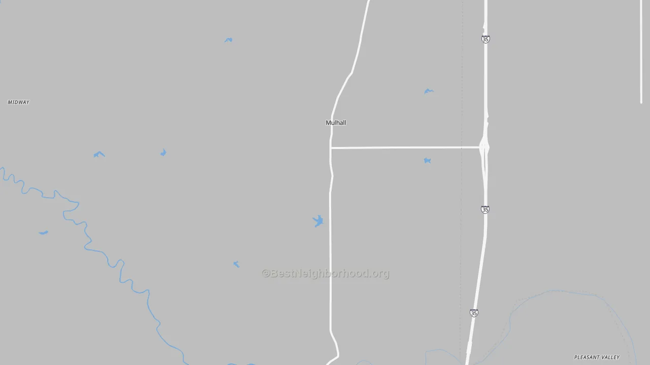 Walk Grade map of Mulhall, OK, walkable areas in green and car-dependent areas in red