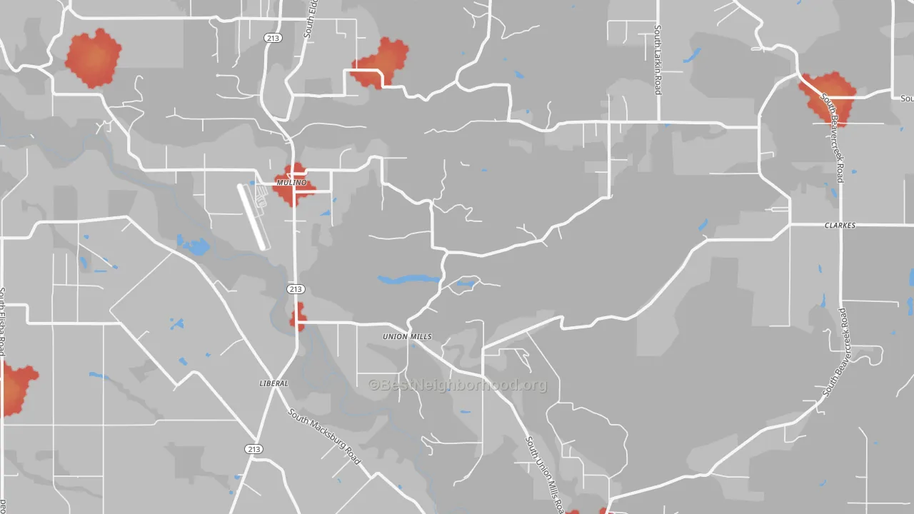 Walk Grade map of Mulino, OR, walkable areas in green and car-dependent areas in red