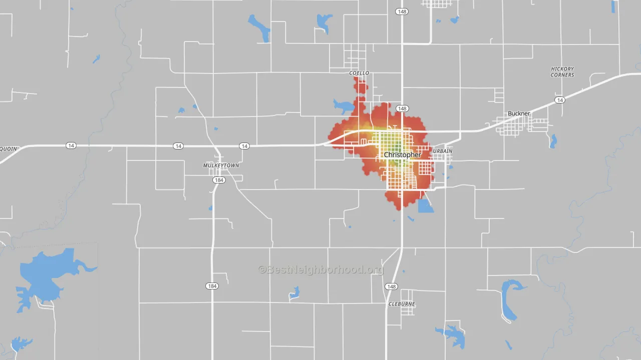 Walk Grade map of Mulkeytown, IL, walkable areas in green and car-dependent areas in red