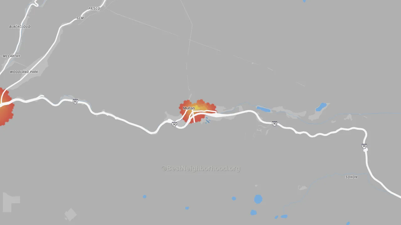 Walk Grade map of Mullan, ID, walkable areas in green and car-dependent areas in red