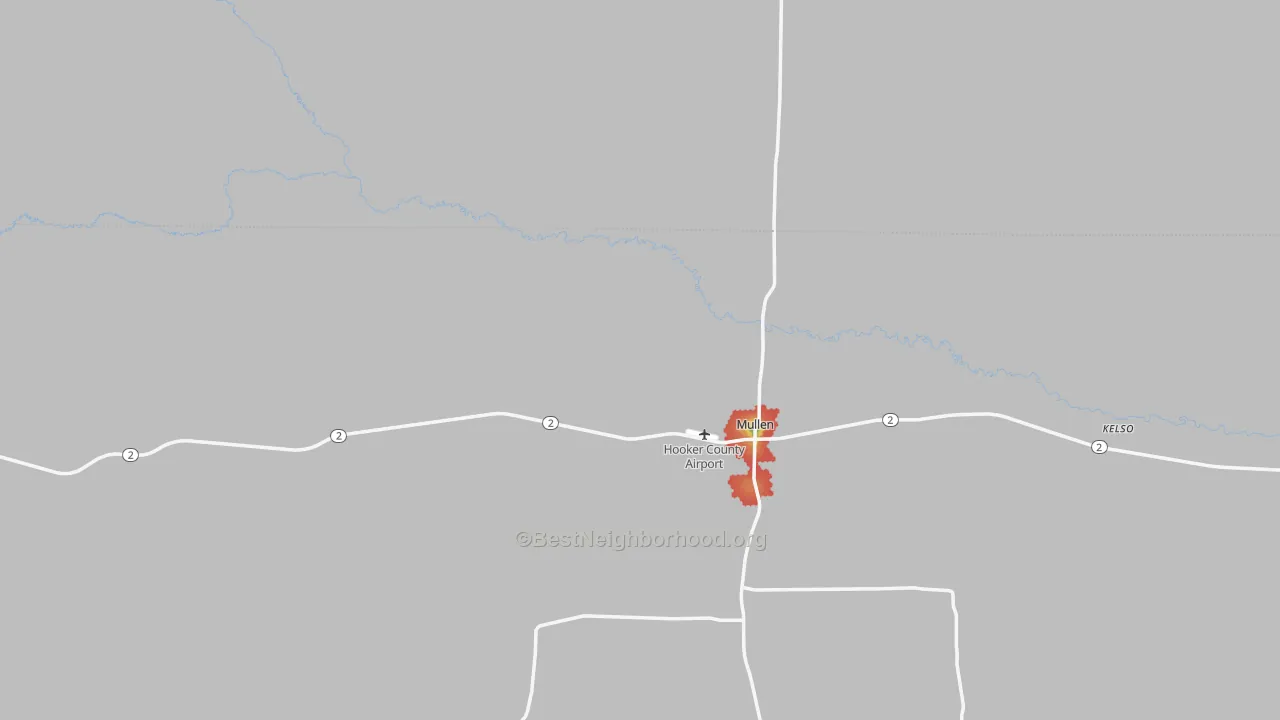 Walk Grade map of Mullen, NE, walkable areas in green and car-dependent areas in red