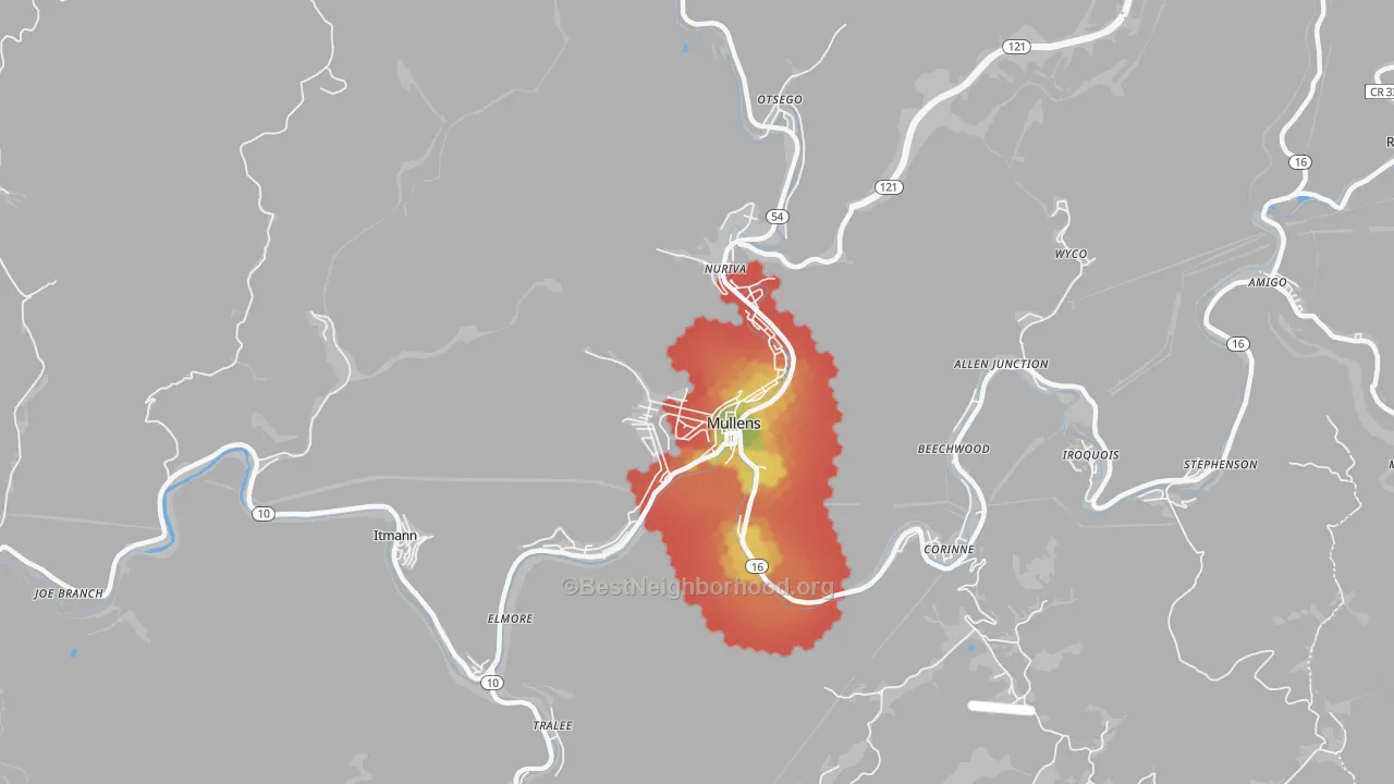 Walk Grade map of Mullens, WV, walkable areas in green and car-dependent areas in red
