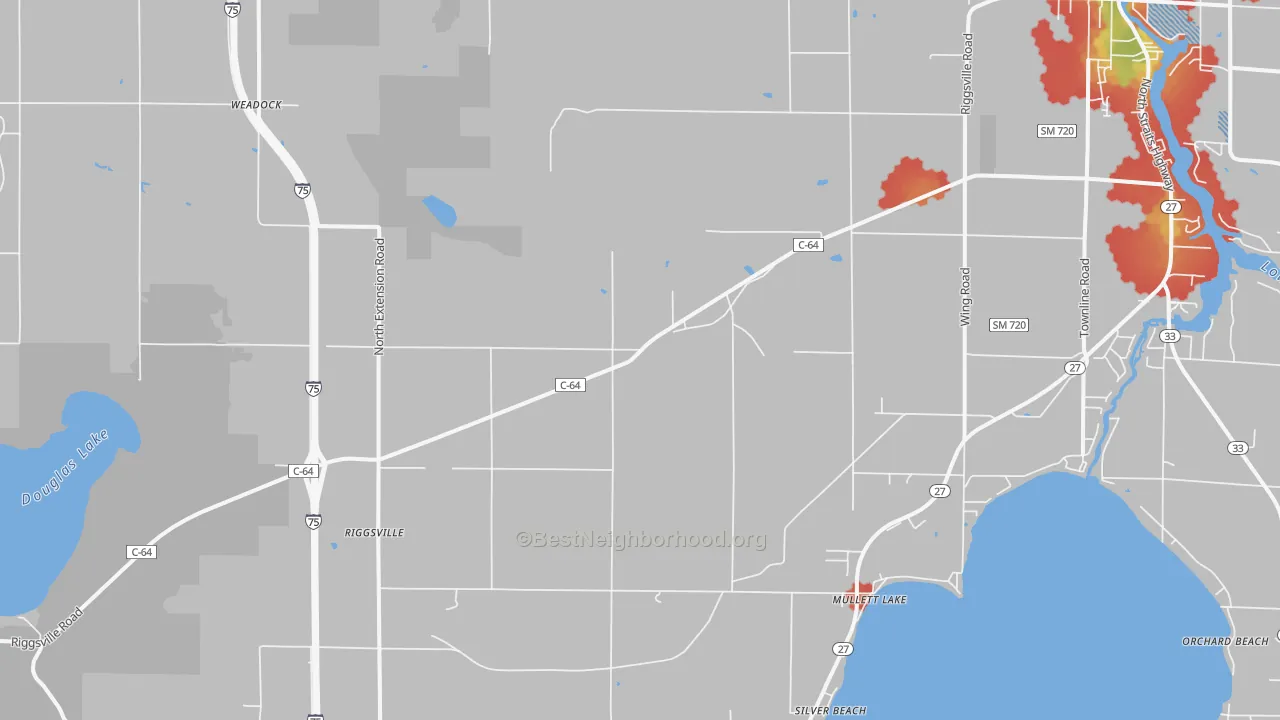 Walk Grade map of Mullett Lake, MI, walkable areas in green and car-dependent areas in red