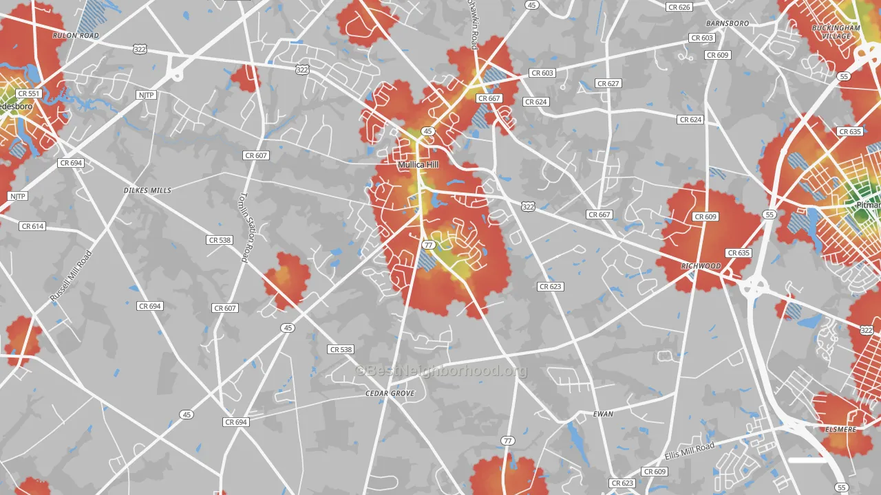 Walk Grade map of Mullica Hill, NJ, walkable areas in green and car-dependent areas in red