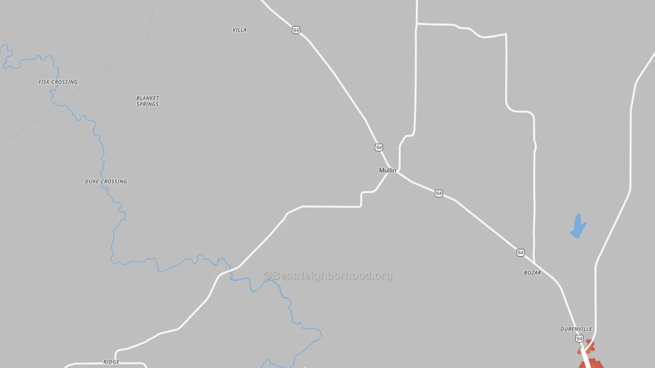 Walk Grade map of Mullin, TX, walkable areas in green and car-dependent areas in red