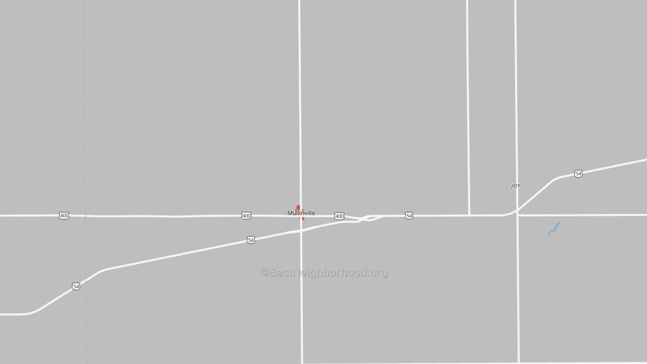 Walk Grade map of Mullinville, KS, walkable areas in green and car-dependent areas in red
