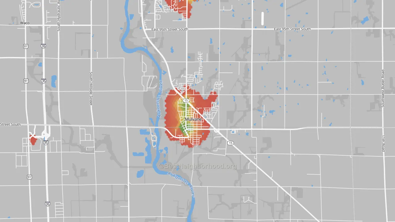 Walk Grade map of Mulvane, KS, walkable areas in green and car-dependent areas in red