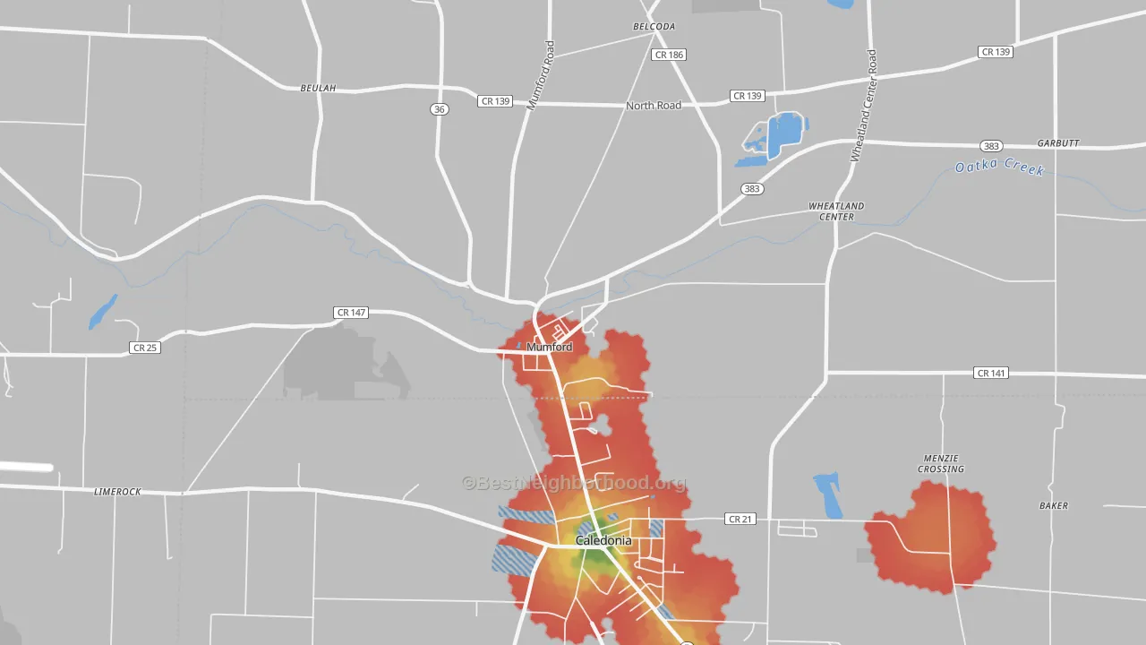 Walk Grade map of Mumford, NY, walkable areas in green and car-dependent areas in red