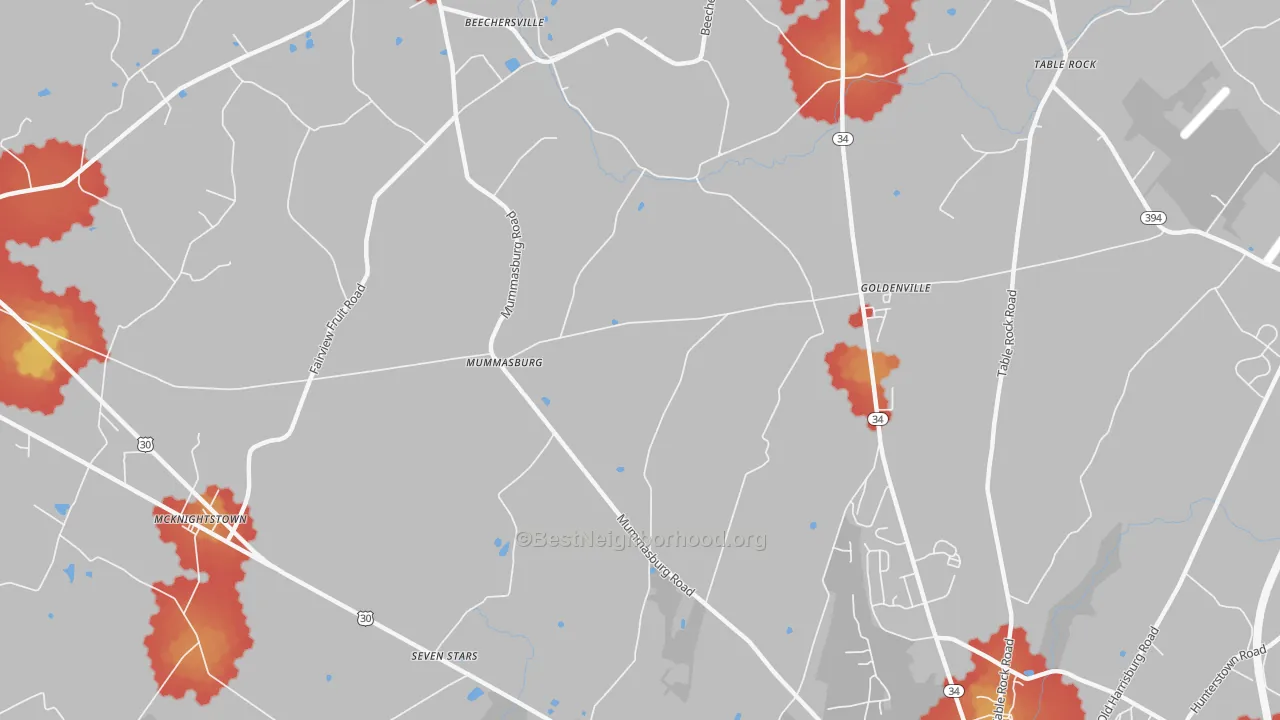 Walk Grade map of Mummasburg, PA, walkable areas in green and car-dependent areas in red